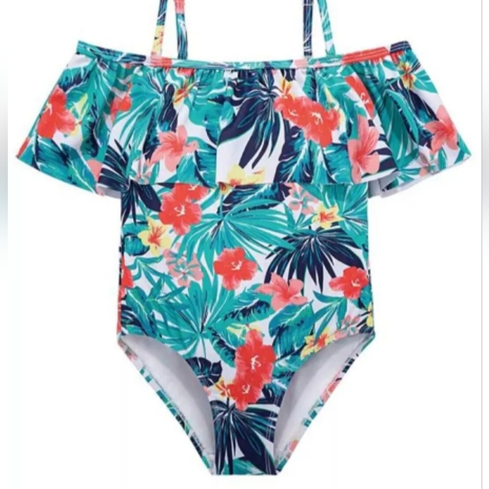 NWT Wantdo Juniors Girls One Piece  Floral Swimwear Hawaiian Ruffle Swimwear